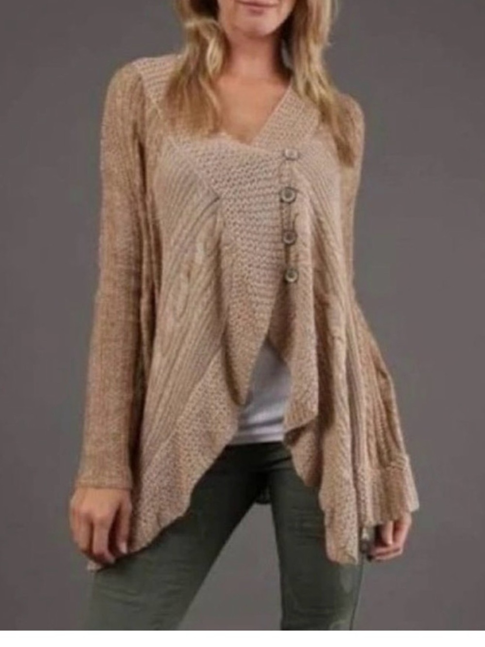 Free People Hemingway Cascading Trapeze Draped Knit Cardigan in Beige